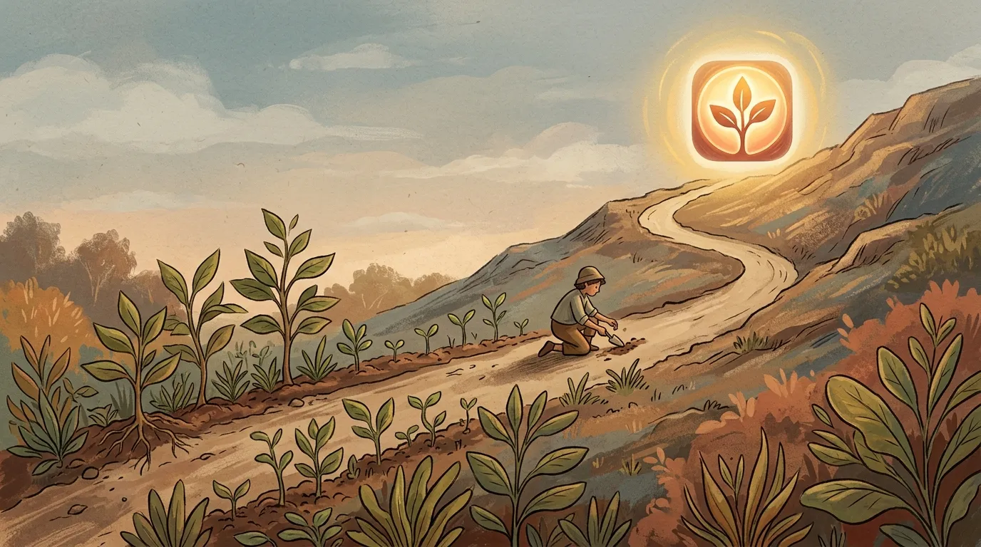 An illustrated figure planting seeds along an uphill path toward a glowing app icon, earlier seeds sprouting behind them