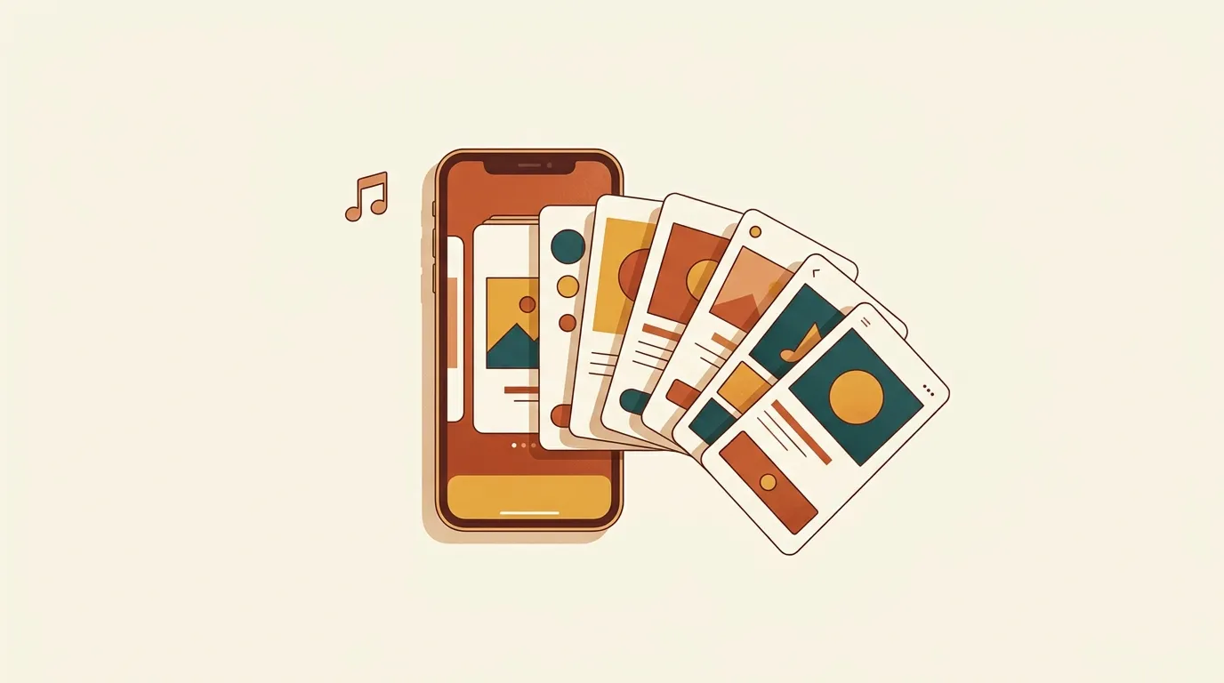 Illustration of a phone playing a photo slideshow with app screenshot cards fanning out from the screen