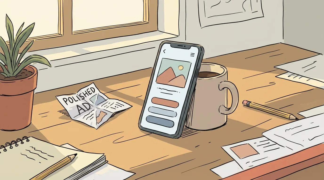 A phone propped on a desk recording an app screen in casual natural light, with a discarded polished ad poster in the background